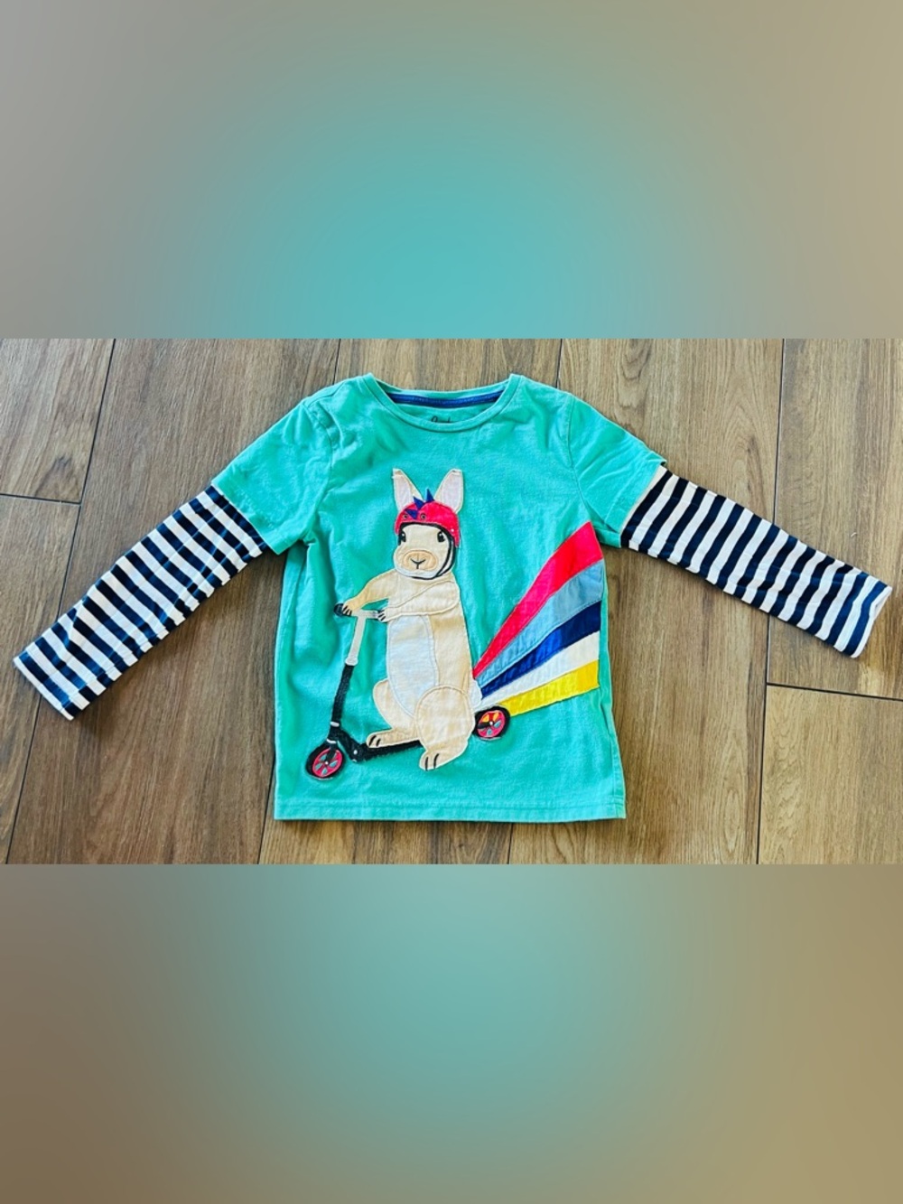 Kids Long-Sleeve Graphic appliqué Tee - Aqua Bunny on Scooter by Mini Boden